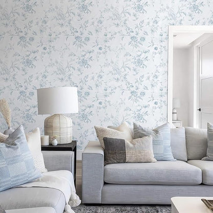Ismoon Blue Wallpaper Peel and Stick Floral Vintage Stick on Wall Paper French Textured Contact Paper for Cabinet Removable Self Adhesive Wallpaper Vinyl Roll Shelf Deco, 17.3x393in
