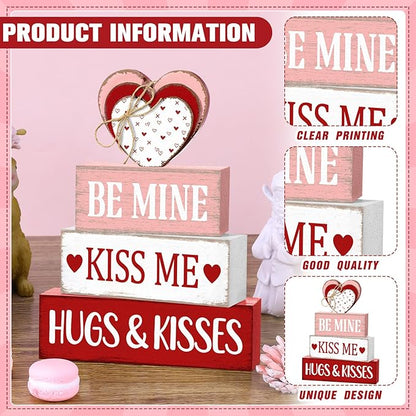 Marsui 4 Pcs Valentine's Day Decorations for Home Heart Table Decor Rustic Distressed Wooden Signs Valentines Centerpieces Blocks Farmhouse Valentines Tiered Tray Decor for Desk Shelf Mantel Indoor