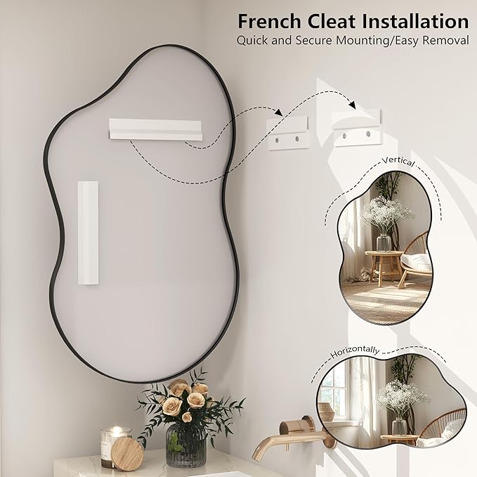24x36 Inch Black Irregular Matte Bathroom Mirror, Black Asymmetrical Mirror for Wall Decor, Aluminum Alloy Frame, Shatterproof, Anti-Rust(Horizontally/Vertically)