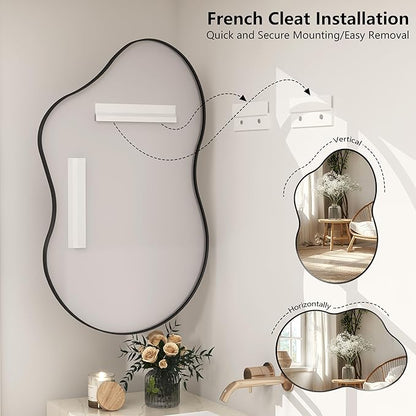 48x27 Black Irregular Wall Mirror, Black Matte Asymmetrical Bathroom Mirror, Decorative Aluminum Frame for Bathroom Bedroom Entryway, Shatterproof, Anti-Rust (Horizontally/Vertically)