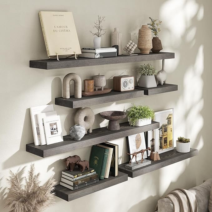 Marsmiles 30 Inch Floating Shelves for Wall - Rustic Grey Wood Floating Shelves Set of 2-30 Inch Wide x 7.7 Inch Deep x 1.6 Inch Thick Wooden Shelves for Room Wall