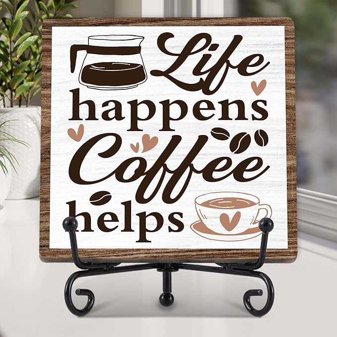 Coffee Bar Decor, Farmhouse Kitchen Table Decor, Coffee Station Accessories, Wooden Decorative Sign with Iron Stand for Table Desk Shelf Display-E24