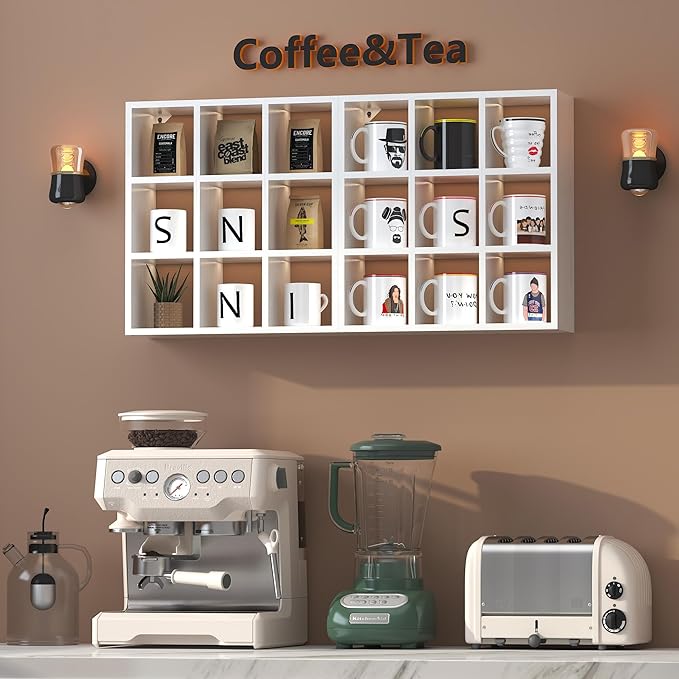Helsin 9 Grid Vintage Coffee Mug Display Rack, 16inch Wall Mounted Wooden Curio Shadow Box Shelf, Cup Floating Shelves Display and Organizer (White)