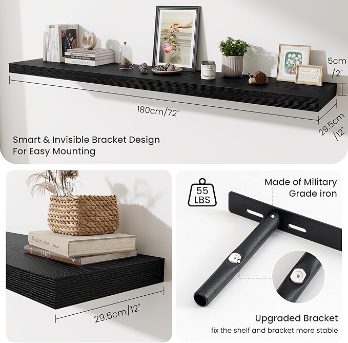 Fun Memories 72 Inch Fireplace Mantel Shelf, 12 Inch Deep Shelves for Display & Wall Storage, Rustic Wood Wall Shelf, Extra Long Floating Shelves for Living Room Laundry Room, Black, Set of 1