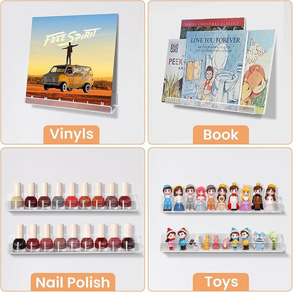 upsimples 10 Pack Clear Acrylic Shelves, 1.7" x12" Clear Wall Shelves for Nail Polish, Vinyl Wall Mount, Record Holder, Magazine Rack, Comic Display, Picture Ledge Shelf Décor