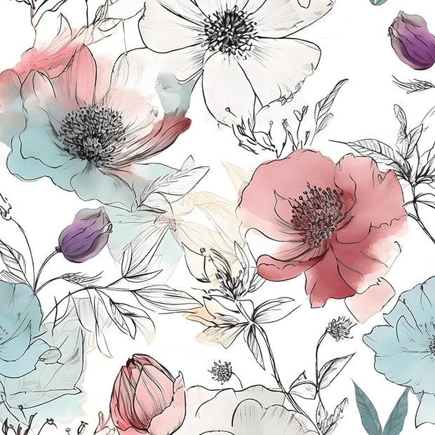 Floral Peel and Stick Wallpaper, Watercolor Flowers Contact Paper,Large Blooming Flower Botanical Wall Paper Self Adhesive Removable for Shelves Cabinet Table Decor 17.5" x 118"- White, Pink, Blue