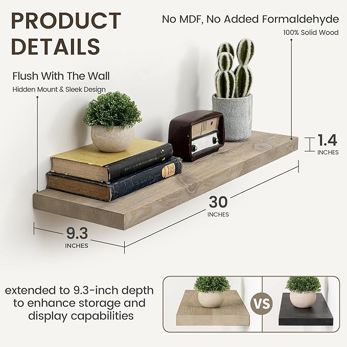 Marsmiles 30 Inch Floating Shelves | 9.3 Inch Deep Grey Wood Wall Shelves Set of 2 | Rustic Reclaimed Wood Shelves for Room Wall | Farmhouse Floating Shelves for Living Room Bathroom
