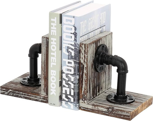 MyGift Decorative Bookends, Office Book Ends for Shelf, Book Holder L-Shaped Stand Desktop, Solid Torched Wood with Realistic Industrial Pipe Design