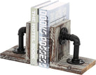 MyGift Decorative Bookends, Office Book Ends for Shelf, Book Holder L-Shaped Stand Desktop, Solid Torched Wood with Realistic Industrial Pipe Design