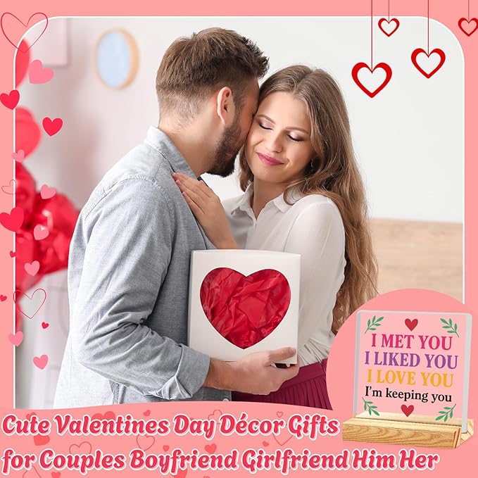 Valentines Desk Decor, Happy Valentine's Day Home Office Table Sign for Porch Tiered Tray Shelf Party, Rustic Romantic Acrylic Gifts Decorations for Him Her Wife, I Met You