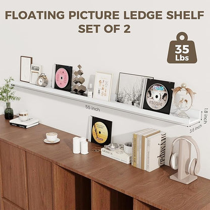 Axeman Floating Shelves | Picture Ledge Shelf Set of 2 | White Wall Shelves with Lip | White Picture Shelf for Wall with Ledge | Photo Ledges 55 Inch