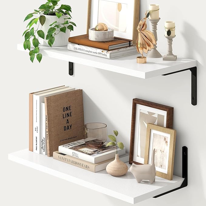 Fun Memories Deep Floating Shelves, 24W x 8D Floating Shelves Set of 2, Wall Mounted Shelf with Metal Brackets, Rustic Wood Wall Shelf for Bathroom, Kitchen and Living Room, White