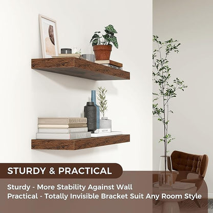 Floating Shelves for Wall 24"W x 6.7"D x 1.37"H, Engineered Wood Wall Shelves with Invisible Brackets for Living Room Bedroom Bathroom Office Kitchen Decor and Storage, Rustic Brown Finish, Set of 2