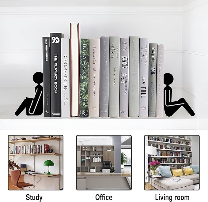 Bookends Metal Book Ends, Abstract Readers Decorative Bookends for Bookshelf, Book Organizer for Desk Home Office School Bookshelf Decor, Black - 1 Pairs