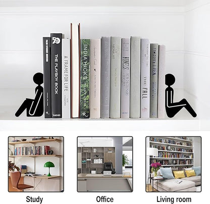 Bookends Metal Book Ends, Abstract Readers Decorative Bookends for Bookshelf, Book Organizer for Desk Home Office School Bookshelf Decor, Black - 1 Pairs