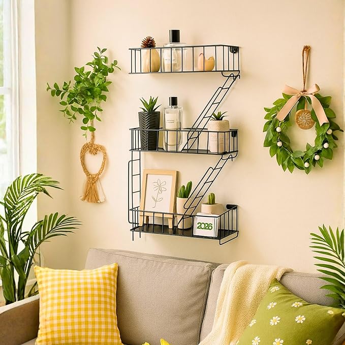 Fire Escape Wall Shelf - New York Decorative Floating Shelf - Wall Art Ladder Shelf - Black Metal Trinket Shelves for Bedroom, Home, Office, Storage and Display (3-Tier)