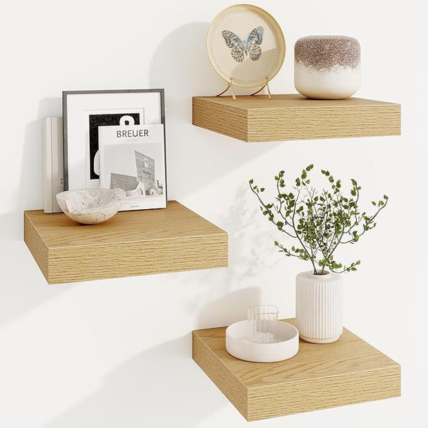 Marsmiles Square Floating Shelves for Wall, 10" W x 10" D x 1.25" H, 3 Packs Small Wall Mounted Engineered Wood Shelves with Invisible Brackets for Living Room, Bedroom, Bathroom, Kitchen Decor, Oak