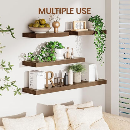 Heimlove 36 Inch Floating Shelves for Wall Walnut Shelves Set of 2,Wall Mounted Rustic Wood 8 Inch Deep Floating Shelf with Invisible Brackets for Bedroom Kitchen Living Room
