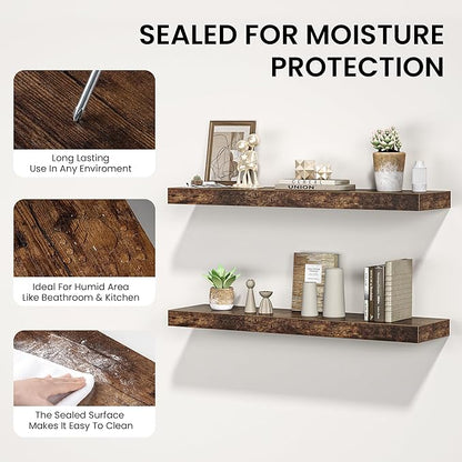 Floating Shelves for Wall, 36"W x 8"D x 1.5"H, Wooden Wall Mounted Display Shelves with Invisible Brackets for Living Room, Bedroom, Bathroom, Kitchen Decor and Storage, Set of 2, Rustic Brown