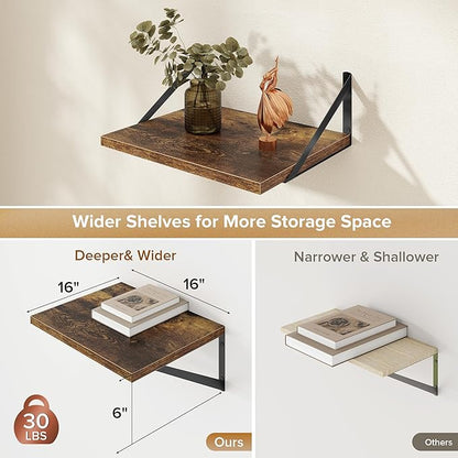 Deep Floating Shelves Wall Mounted, 16"x12" Brown Wood Shelves with Brackets Set of 2 for Bedroom, Living Room, Bathroom, Kitchen, Office - Storage & Display Shelf for Decor, Books, Plants