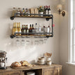 Merapi Industrial Wall Mounted Wine Rack - 2 Tier Floating Bar Shelf with Integrated Dual Glass Holder, Rustic Pipe Design Liquor Storage for Kitchen, Heavy Duty Metal & Wood Construction