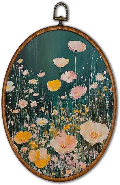 KSDUT Retro Aesthetic Floral Green Wall Art Decor - Botanical Neutral Mid Century Modern Wall Art Canvas Frame Hanging Prints, Vintage Landscape Oval Wall Art Decor for Home Decorations 8.6"x11.4"