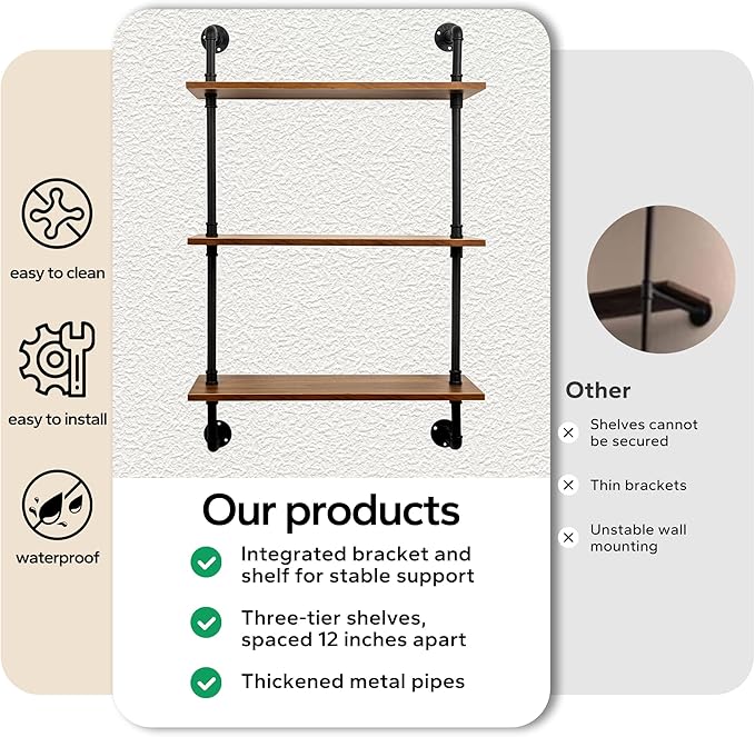 3-Tier Industrial Pipe Floating Shelf – Rustic 36 inch Wood Wall-Mounted Storage Shelf for Kitchen Office,Bathroom & Home Decor -Walnut