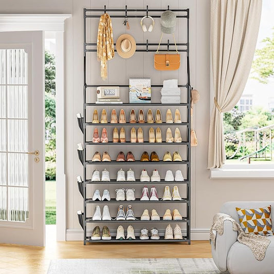 OYREL Shoe Rack 8 Tier Large Shoe Organizer Storage 32-40 Pairs Metal Shoe Storage Rack with Hooks and Side Pocket for Entrance Entryway Closet Shoe Shelf Holder