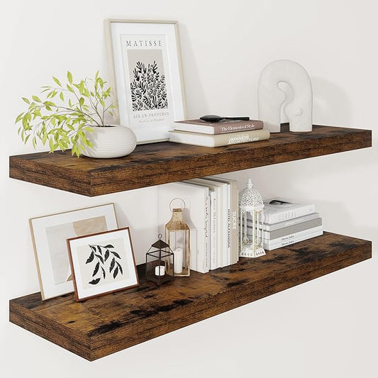 Vivelove 12" Deep Floating Shelves for Wall 36" Long, Wall Shelves for Bedroom Living Room Bathroom Kitchen Laundry Room, Farmhouse Rustic Shelves for Home Decor, 36" X 12" X 2" Set Of 2, Rustic Brown