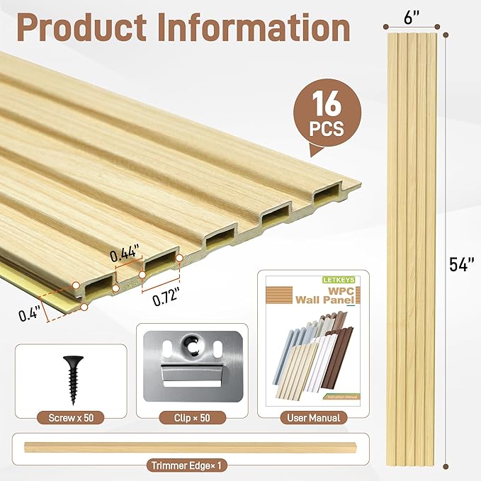 WPC Slat Wall Panels, 16 Packs 54 x 6 Inch WPC 3D Wood Wall Paneling for Interior Wall Decor, Living Room, Bedroom, TV Background, Wainscoting Panels for Wall Decor, Light Maple