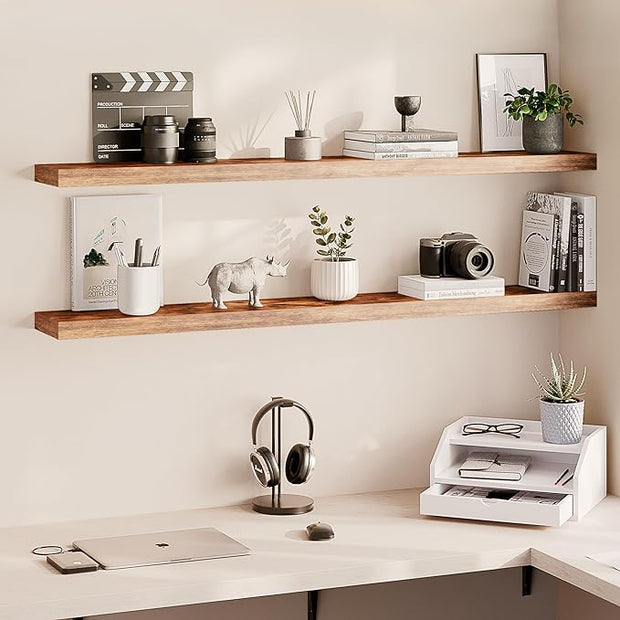 Ballucci Floating Shelves, 55" Wood Wall Shelf Set of 2, with Invisible Brackets for Bathroom, Living Room, Bedroom, Kitchen, Nursery, 6" Deep, Rustic Brown