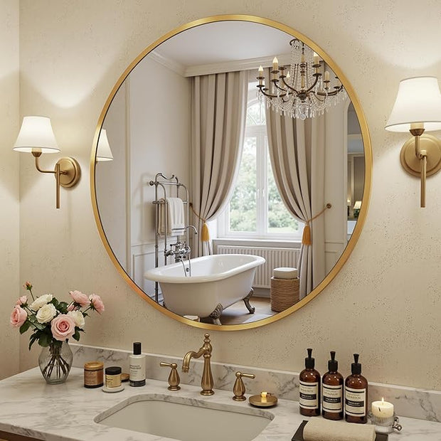 Antok 24 Inch Round Mirror for Wall, Round Bathroom Mirror, Circle Wall Mirrors with Gold Metal Frame, Circle Mirrors Suitable for Wall, Bathroom, Vanity, Living Room, Entryway