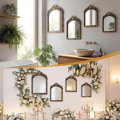 Thyle 4 Pcs Vintage Gold Antique Mirror Set Arch Retro Resin Baroque Decorative Makeup Mirror Square Hanging Wall Desk Tabletop Room Bedroom Bathroom Gallery (13x9 10x7 8x5 7x4) (Dark Color)