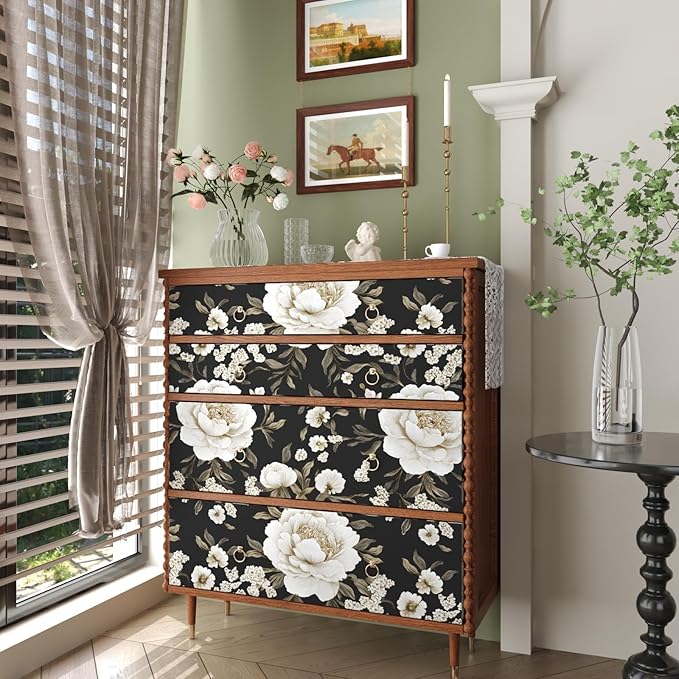 Boho Wallpaper Peel and Stick Dark Floral Wallpaper for Cabinet 17.5in x393in Vintage Contact Paper Waterproof Self Adhesive Modern Flowers Leaf Wall Paper for Room Walls Bathroom Decor