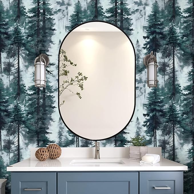 HAOKHOME Forest Peel and Stick Wallpaper Misty Blue Removable Vinyl Mural for Bathroom Bedroom Accent Wall Self Adhesive Contact Paper Tree Wall Decor 17.3in x 118in