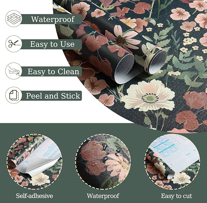 EchoSphere 16.9 inx118 in Floral Peel and Stick Wallpaper Boho Vintage Floral Wall Paper Removable Flower and Leaf Contact Paper Self Adhesive Decorative Wallpaper for Cabinets Accent Wall Covering
