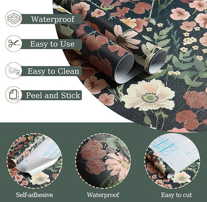 EchoSphere 16.9 inx118 in Floral Peel and Stick Wallpaper Boho Vintage Floral Wall Paper Removable Flower and Leaf Contact Paper Self Adhesive Decorative Wallpaper for Cabinets Accent Wall Covering