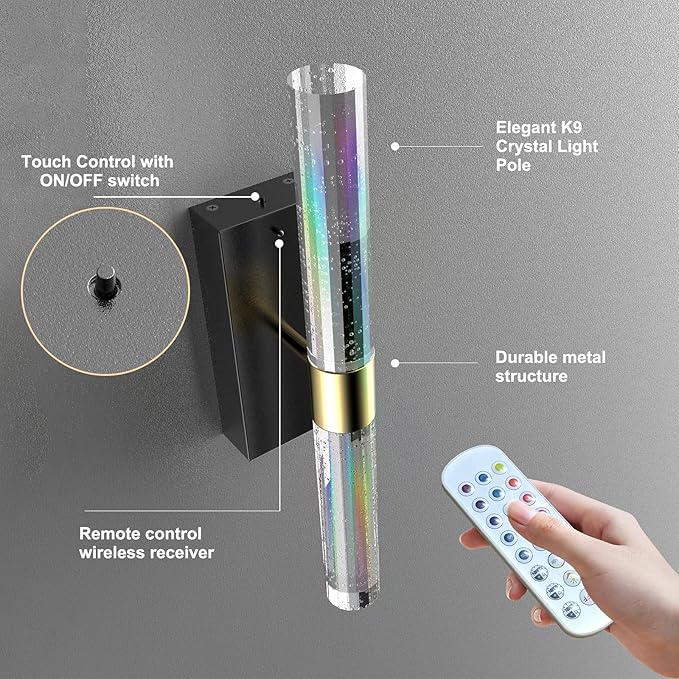 Crystal Battery Operated Wall Sconces Set of 2, Black and Gold Rechargeable Wireless Wall Light Fixtures with Remote Control, 3CCT and 12 RGB Dimmable Wall Lamps for Bedroom Living Room Hallway