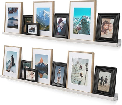 Rustic State Ted 60" Wall Mount Extra Long Narrow Picture Ledge Photo Frame Display - Wood Floating Shelf for Living Room Office Kitchen Bedroom Bathroom Décor - Set of 2 - Washed White