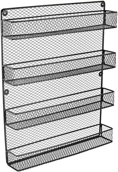 Wall Mount Spice Rack, 4-Tier Kitchen Storage Shelf, Space Saving Organizer, Black – Metal Holder for Spices, Herbs, and Condiments