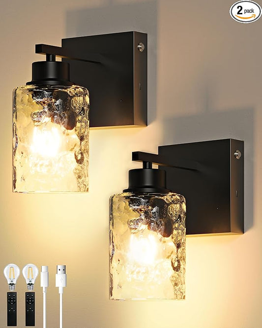 Battery Operated Wall Sconce Set of 2, Black Wireless Wall Lights with Timer Function, Easy Install Dimmable Rechargeable Wall Lamps for Living Room, Bedroom, Hallway, Entryway Decor 3000K