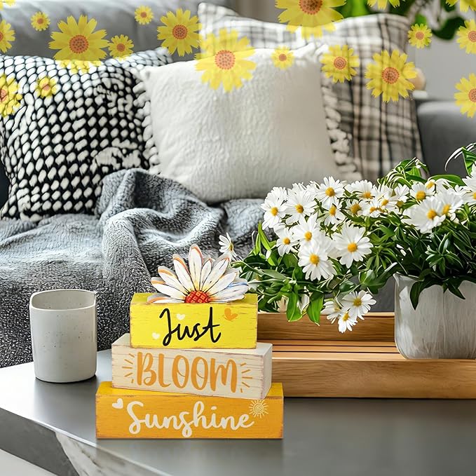 Amyhill Spring Table Decor Hello Sunshine Wooden Block Sign Farmhouse Just Bloom Spring Tiered Tray Decor Rustic Table Centerpieces Summer Decorations for Home Desk Shelf Mantle Office Decorations