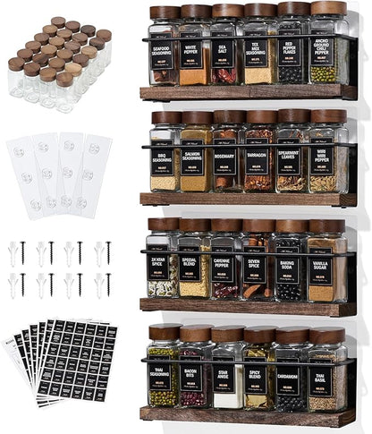 4-Tier Wall Mount Spice Rack Organizer with 24 Glass Jars, 216 Labels & Funnel - Screw/Adhesive Mount, Black Metal & Wood Spice Storage for Kitchen Pantry Cabinet, 11.6”L x 2.4”W x 3.2”H
