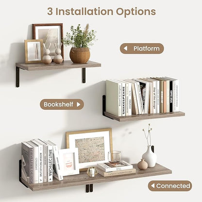 Fun Memories Deep Floating Shelves, 16W x 8D Floating Shelves Set of 2, Wall Mounted Shelf with Metal Brackets, Rustic Wood Wall Shelf for Bathroom, Kitchen and Living Room, Grey