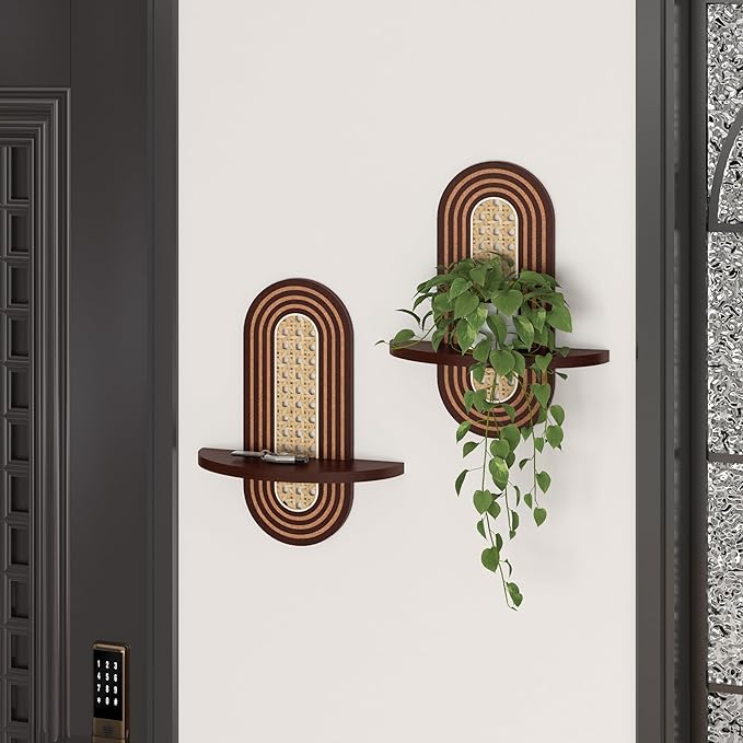Wooden Arched Floating Shelf - Boho Decor Wall-Mouted Shelves Book Display Rattan Shelf for Bedroom Living Room Bathroom Nursery Home Office 14.5