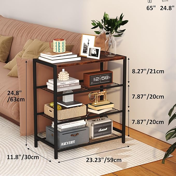 Yusong Shoe Rack Organizer, 4 Tier Industrial Shoe Storage Shelf, Narrow Sturdy Metal Shoe Shelves for Closet Entryway, Rustic Brown