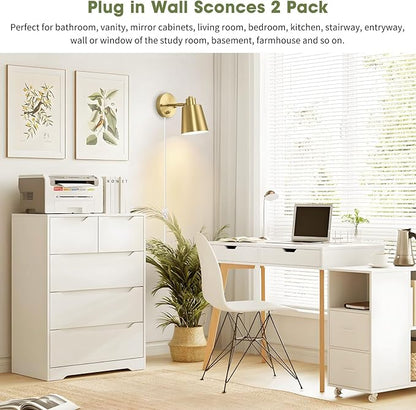 Dimmable Wall Sconces Plug in, Adjustable Angle Wall Lamps with Plug in Cord and Dimmer On/Off Knob Switch, Gold Wall Light with Metal Shade for Bedroom Bedside Doorway (2 Bulbs Included)