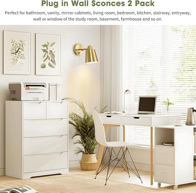 Dimmable Wall Sconces Plug in, Adjustable Angle Wall Lamps with Plug in Cord and Dimmer On/Off Knob Switch, Gold Wall Light with Metal Shade for Bedroom Bedside Doorway (2 Bulbs Included)