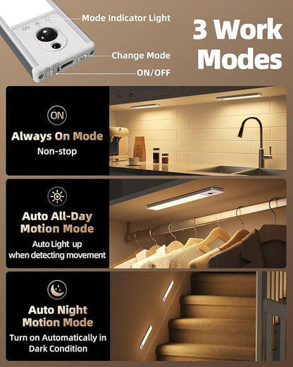 EZVALO 3-Pack Under Cabinet Lighting, 2400mAh Motion Sensor Light, LED Closet Lights Wireless, 3000K Dimmable, Timer, Magnetic, with Remote Control for Kitchen, Closet, Stair