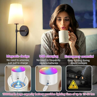Battery Operated Wall Sconce Light with Remote Control, Dimmable Wall Sconce Set of 2 with White Fabric Shade, Wireless Battery Operated Wall Lamp for Bedroom Living Room, Bulb Included